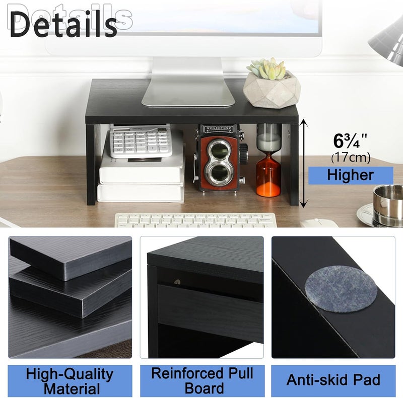 TEAMIX 14.2 inch Monitor Stand Riser, Wood Monitor Riser with Storage for Desk Small Monitor Stand TV/Screen/PC/Laptop Riser Computer Stand Desktop Shelf (Black-Higher) - Image 5